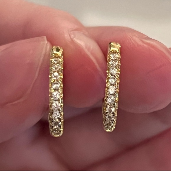 Gold Diamond Huggie Hoop Earrings - Picture 1 of 6